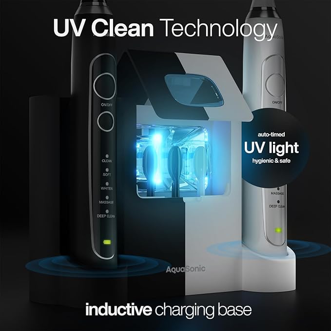 Aquasonic Duo Series PRO UV - ADA Accepted Electric Toothbrushes with UV Sanitizer - Inductive Charging Base - 5 Modes with Smart Timers - 10 Proflex Brush Heads & 2 Travel Cases (Pack of 2)
