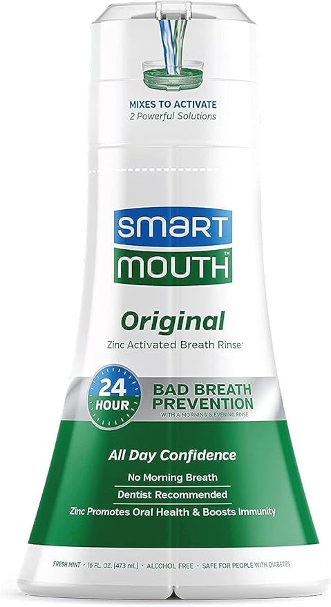 SmartMouth Original Zinc Activated Mouthwash - Instant Fresh Breath Mouthwash - Eliminates Bad Odors and Bad Breath - Alcohol-Free, Sugar-Free, Gluten-Free - Fresh Mint - 16 fl oz (2 Pack)