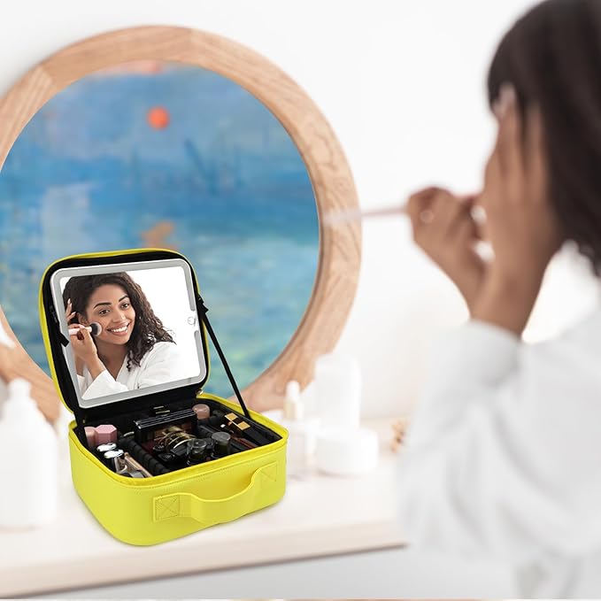 SLUMAZI Travel Makeup Bag with LED Mirror Travel Makeup Organizer with 3 Lighted Settings, Adjustable Dividers and Makeup Brush Storage Bag Yellow