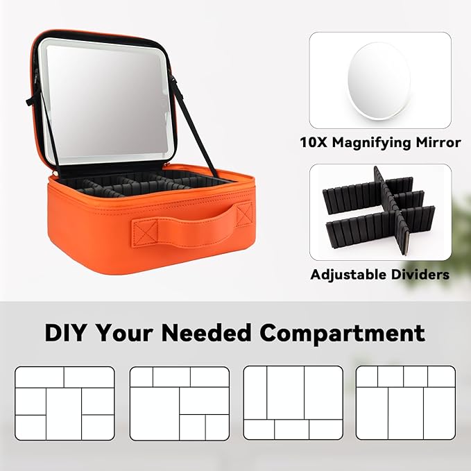 SLUMAZI Travel Makeup Bag with LED Mirror and 10x magnifying glass with 3 Lighted Settings, Adjustable Dividers and Makeup Brush Storage Bag Orange