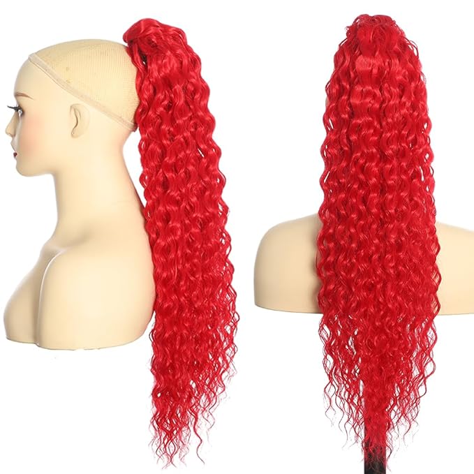 2 Pcs Deep Wave Ponytail Extension for Women 12 Inch Curly Wavy Ponytail Hair Extensions Drawstring Ponytail with Clips Short Synthetic Hairpiece for Daily and Party (Red&1B/Red)