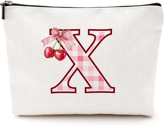 CQM Initial Makeup Bag Monogram Cosmetic Bag Monogrammed Gifts for Women Girls Friends Coworker Teacher Personalized Travel Toiletry Bag Christmas Bridal Shower Wedding Bridesmaid Gifts, Cherry X