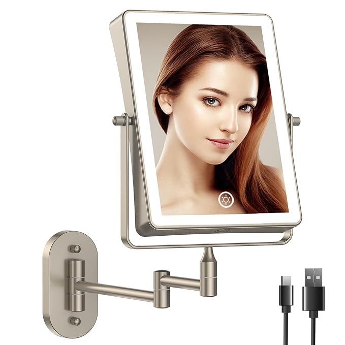 FASCINATE Rechargeable Wall Mounted Makeup Mirror, 8.7" Double Sided Touch Switch 1X 10X Rectangle Magnifying Mirror Wall Mounted, 3 Color Setting, Extended Arm 360° Swivel Foldable Nickel
