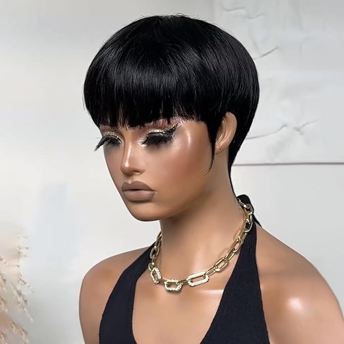 Short Wigs Pixie Cut Wig for black women Human Hair Natural Black Straight Human Hair Wig with Bangs Short layered Wave Glueless No lace front full machine made Bob Wig