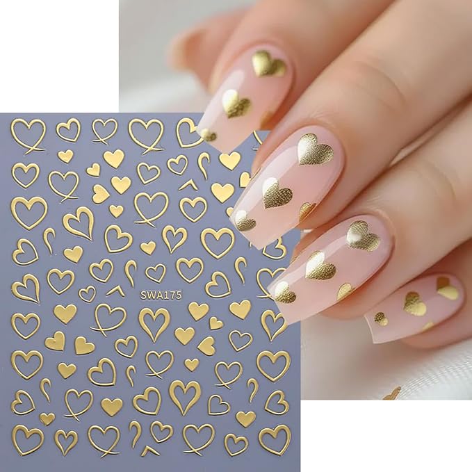 Heart Nail Stickers for Nail Art 3D Self-Adhesive Gold Silver Red Hearts Nail Decals Valentine Heart Nails Art Sticker Holiday DIY Manicure Decoration Accessories for Women 6 Sheets