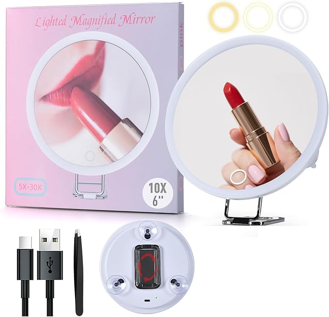 6" 10x Magnifying Mirror with Light Suction Cup,Led Close up Makeup Mirror with 360° Stand,3 Color Lighted Personal Mirror 10x,10 Times Functional Zoom Mirrors for Partial Details