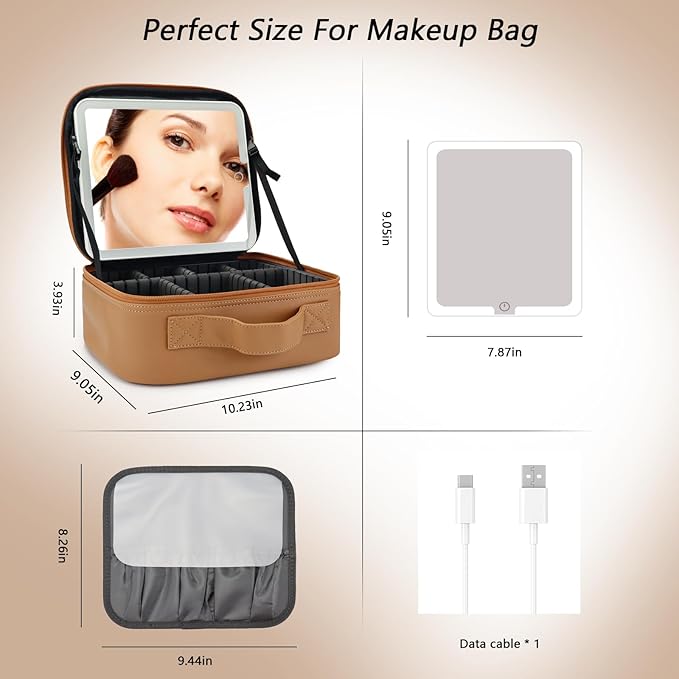 SLUMAZI Travel Makeup Bag with LED Mirror Travel Makeup Organizer with 3 Lighted Settings, Adjustable Dividers and Makeup Brush Storage Bag Brown