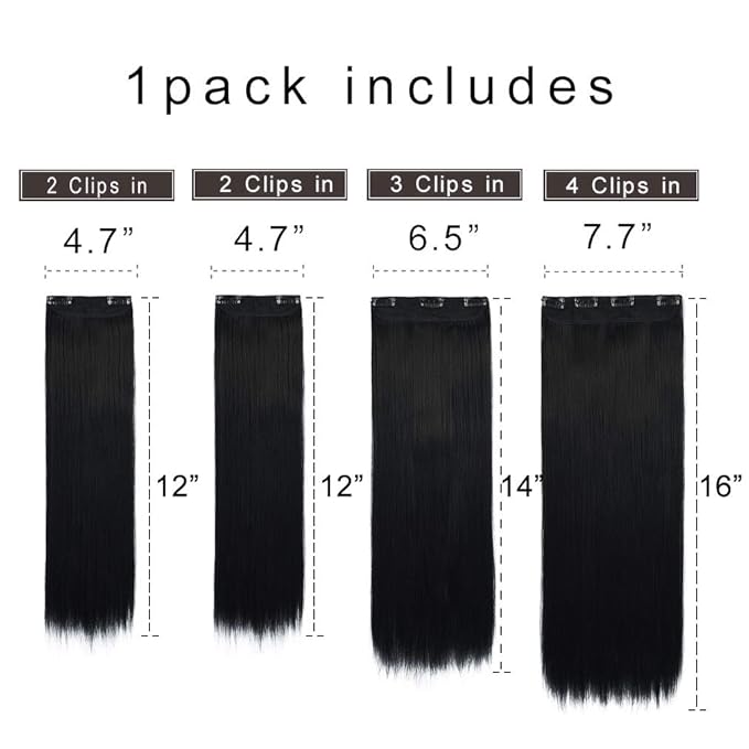 REECHO Multi-Length 12" 14" 16" Long Straight 4 PCS Set Thick Clip in on Hair Extensions Natural Black