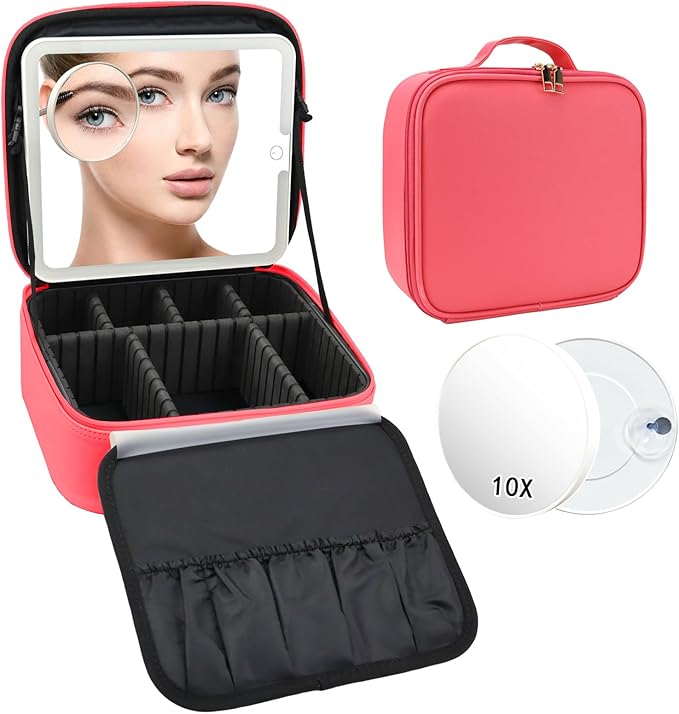 SLUMAZI Travel Makeup Bag with LED Mirror and 10x magnifying glass with 3 Lighted Settings, Adjustable Dividers and Makeup Brush Storage Bag Light Red