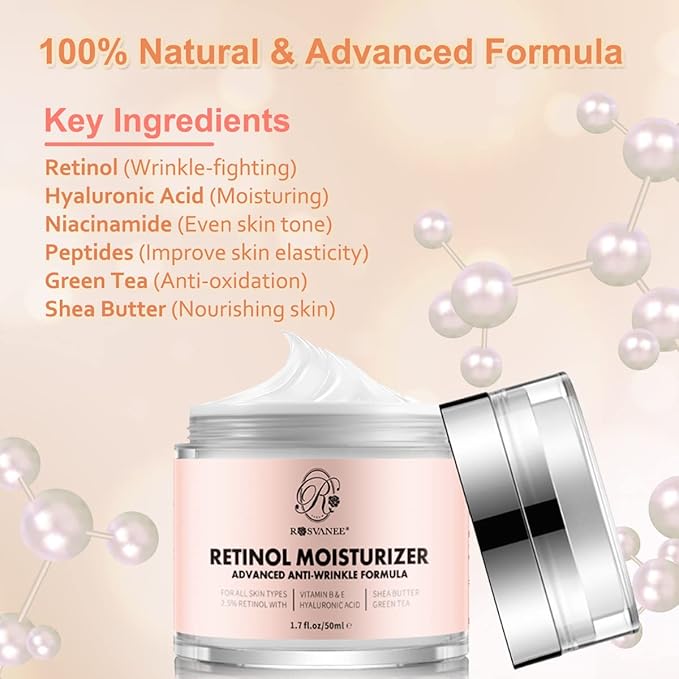 ROSVANEE Retinol Cream Face Moisturizer for Women Men Anti Aging Wrinkle Cream with Retinol, Nacinamide, AH-8 Peptides, Botanical Extracts Facial Eye Cream for Day Night