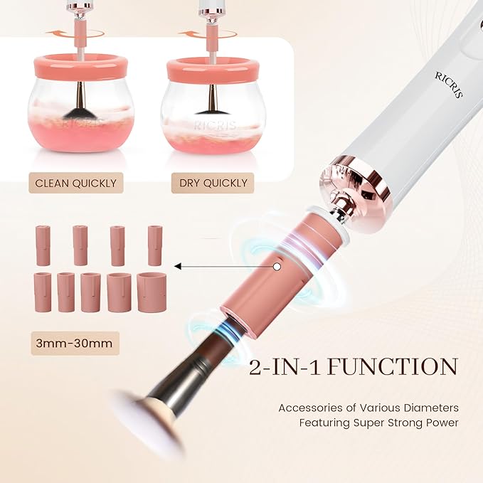 RICRIS Electric Makeup Brush Cleaner and Dryer Machine - Super Fast Clean and Dry Make Up Brushes - Automatic Cosmetic Brush Spinner Washer Tools
