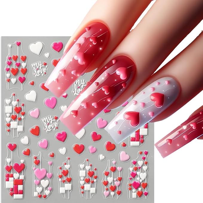 3 Sheets Heart Nail Stickers Red Pink Heart Nail Decals 3D Self Adhesive Valentine Heart Love Nail Art Sticker Holiday DIY Manicure Decoration Supplies Accessories for Women