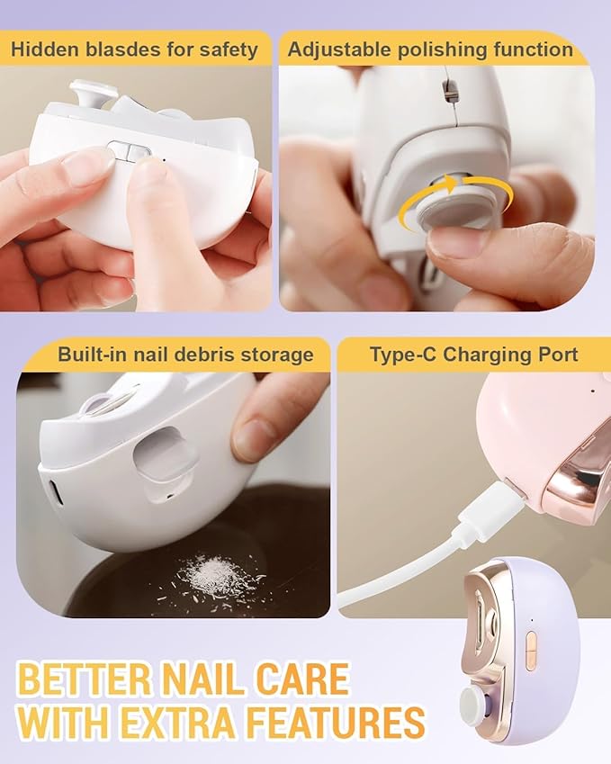 Electric Nail Clipper & Trimmer 3 in 1, Automatic Rechargeable Toenail Clippers with LED Light & Storage, Safe Nail Care for Thick Toenails, Seniors and Adults (Pink)