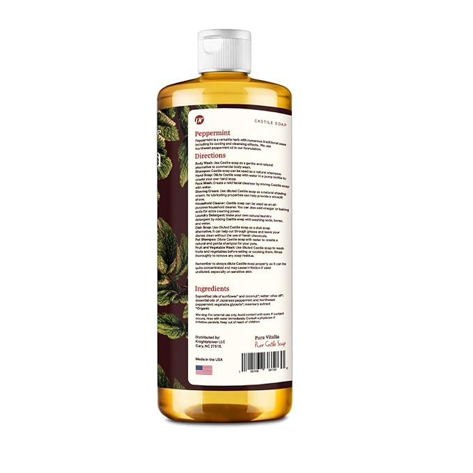 Pura Vitalia Peppermint Organic Castile Soap | Body Wash & Cleanser for Face & Hands | Biodegradable, Eco-Friendly, Palm Oil Free, Vegan & Gentle | Made with 6 Natural Ingredients - 32 oz