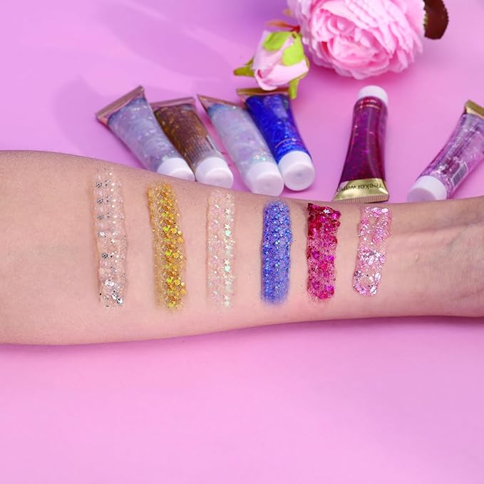 Miss Demi 6 Colors Face Body Glitter, Halloween Hair Glitter Sparkles Chunky Face Glitter Gel, Holographic Glitter Gel Set for Face and Body Makeup, Festival Party Decoration Rave Accessories. (01)