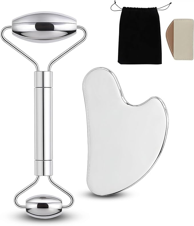 Stainless Steel Gua Sha and Face Roller Set Facial Massager Tools, Lymphatic Drainage Massager Metal Gua Sha Skin Self Care Gifts for Women