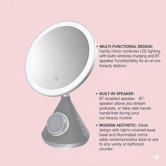UNNO Vanity Mirror with 15W Wireless Charger and Speaker, LED Lighted Makeup Mirror, 3 Lighting Modes, Adjustable Brightness