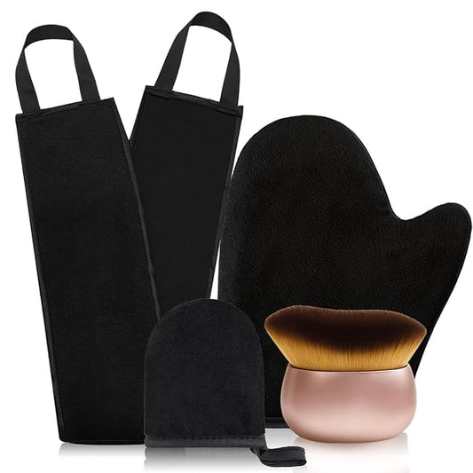 Premium Self-Tanning Kit – 4-Piece Professional Tan Applicator Set with 2 Mitts, Back Strap & Kabuki Brush | Streak-Free Fake Tan Mitt for Body & Face | Vegan Leather, Waterproof(Black)