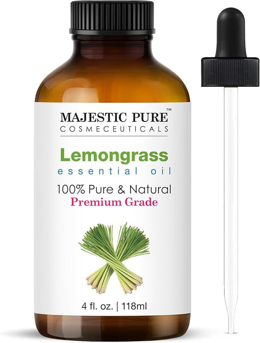 Majestic Pure Essential Oil with Glass Dropper - 100% Pure and Natural - Essential Oils for Diffuser, Aromatherapy, Soap and Candle Making, Lemongrass Essential Oil, Lemongrass Oil, 4 Fl Oz