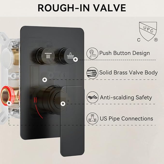 Shower Faucet Set Matte Black Shower System, STARBATH 10" Ceiling Mount Rain Showerhead and 6" Wall Mounted Rainfall Shower for Couples, On Off Button Valve Dual Head Shower Systems Complete
