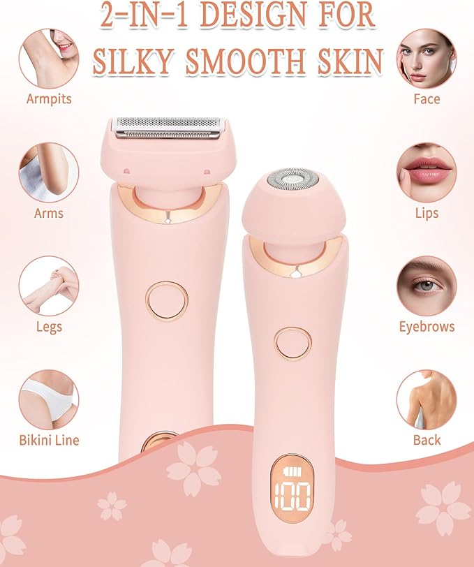Bikini Trimmer for Women Electric Razors for Women, Double Head Dual Purpose, Waterproof Hair Razor, Ceramic Blade Hair Trimmer Wet & Dry Use, Painless Electric Shaver for Facial and Body (Pink)