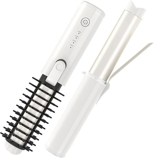 Youbella Cordless Hair Curling Iron Brush, Portable Travel Hair Curler, Mini 1.5″ Heated Round Brush, 3-in-1 USB Rechargeable Straightening Wand for Styling & Smoothing, 200 Million Ionic Care, White