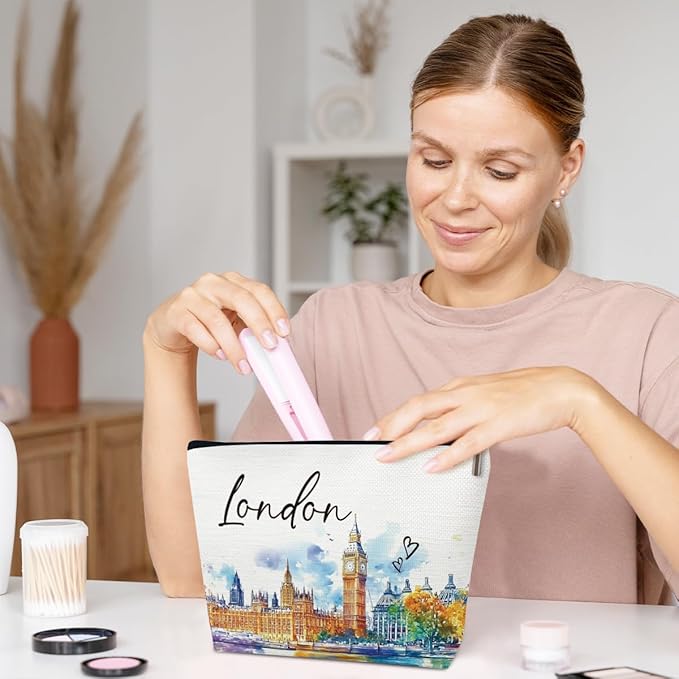 Ythuil London Travel Gifts Makeup Bag, City Travel Watercolor Cosmetic Bag for Purse, London Souvenir Bags, Trip Favors for Traveller Lovers, City Themed Organizer