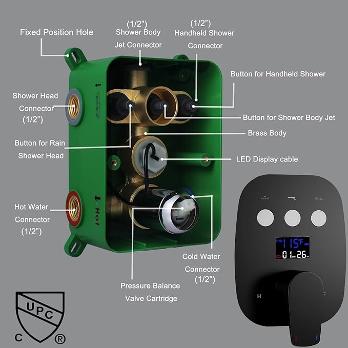 HONGTONGSOWER Shower Faucet Set Matte Black Shower System Temperature Display Diverter Shower Valve and 2 in 1 Handheld with Slide Bar, 12 Inch Ceiling Shower Head with 8 Inch Wall Mount Shower Head