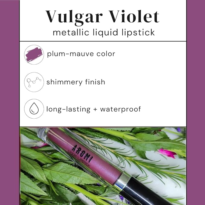 Aromi Metallic Liquid Lipstick | Long-lasting Lip Color for Women with Shimmery Finish, Dark Purple Shade, Waterproof, Vegan (Vulgar Violet)