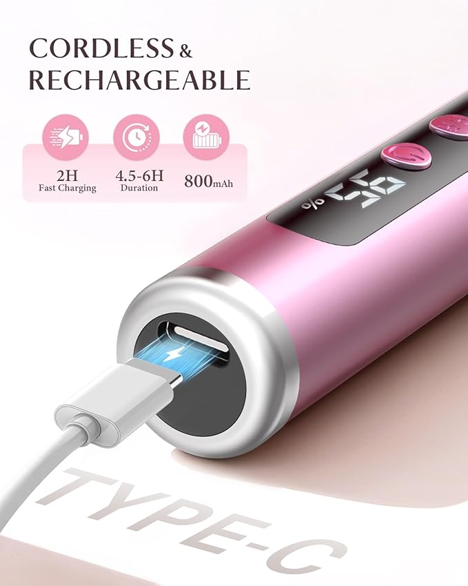 JOREST 13-in-1 Cordless Electric Nail Drill Kit with LED Display, 35,000 RPM 6-Speed Rechargeable Manicure Tool for Acrylic Gel Nails, Nail File with Bits & Sanding Bands for Beginners, Rose Pink
