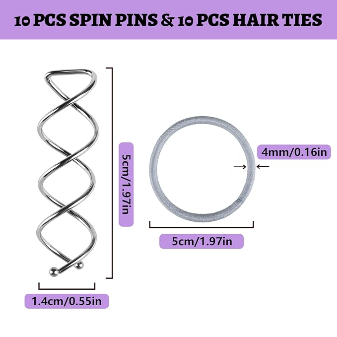 Teenitor 20PCS Spiral Hair Pins, Spiral Bobby Pins Bun Pins, Hair Twist Spin Pins for Hair, Hair Bun Maker for Women, Girls and Kids with 10 Hair Ties, Silver