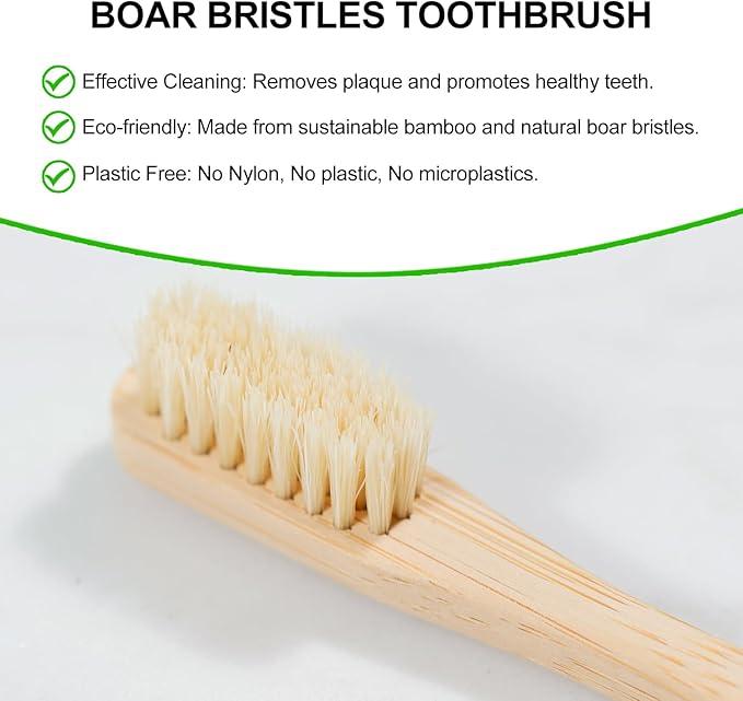 Boar Bristles & Bamboo Toothbrush, Premium Boar Bristle Toothbrush for Adult, Plastic & Nylon Free, Eco-Friendly Natural Biodegradable Compostable Bamboo Tooth Brushes 6 Pack
