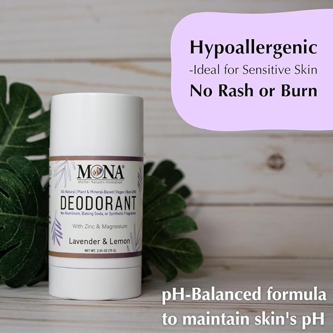 MONA BRANDS All Natural Magnesium Deodorant for Women & Men | Aluminum, Baking Soda, & Synthetic Fragrance Free for Sensitive Skin (Lavender Lemon) 2.65oz