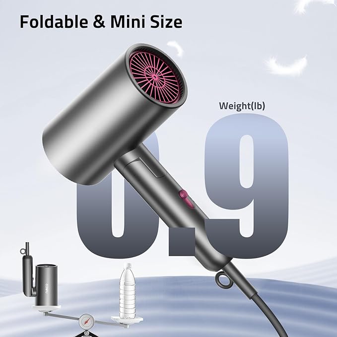 CONFU Diffuser Hair Dryer for Curly Hair,1500W Fast Drying Blow Dryer with Diffuser for Women,Compact & Portable Negative Ion Hairdryer,Mini and Foldable Blowdryer Design for Travel(Gray)