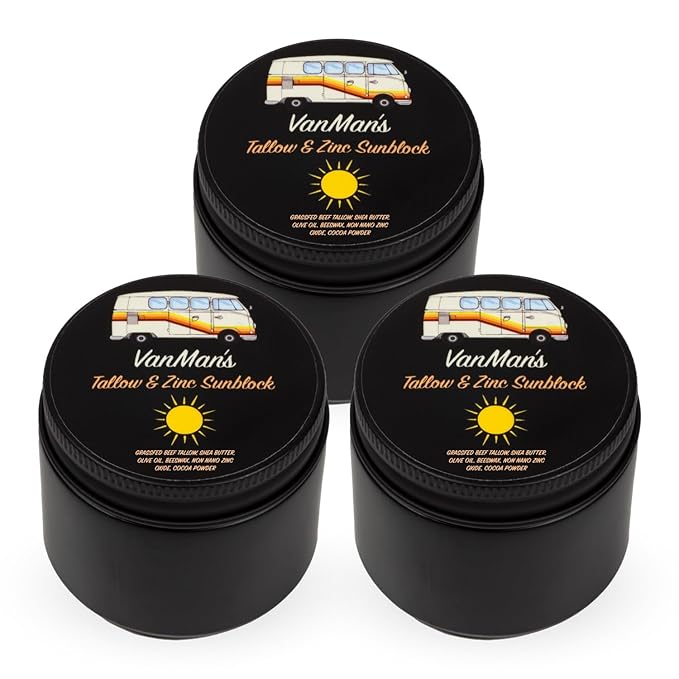 Vanman's - Zinc and Tallow Sunscreen (3 Pack) - Water Resistant 20 SPF Beef Tallow Sunscreen with Olive Oil, Beeswax - Mineral with Non-Nano Minerals - 2.8 ounce