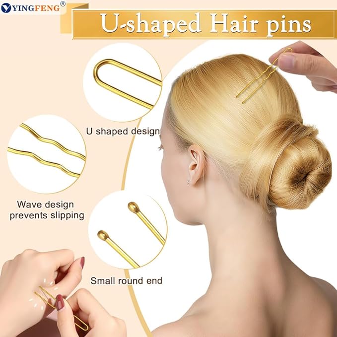 YINGFENG 134 Pcs Gold Hair Bun Maker Kit Medium - 4 Bun Hair Pieces for Women, 20 Hair Net for Buns, 100 Bobby Pins for Women, 10 Hair Bands, for Ballet Styling, Hair Accessories for Girls