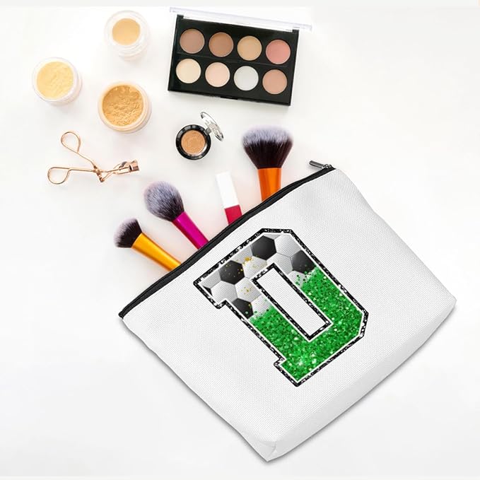 CQM Soccer Gifts Initial Makeup Bag Monogrammed Cosmetic Bag Letter D Zipper Pouch Soccer Accessories for Girls Women Soccers Player Coaches Friend Soccers Stuff Graduation Birthday Gifts