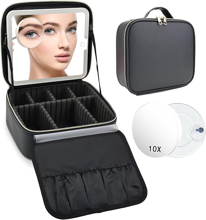 SLUMAZI Travel Makeup Bag with LED Mirror and 10x magnifying glass with 3 Lighted Settings, Adjustable Dividers and Makeup Brush Storage Bag Black
