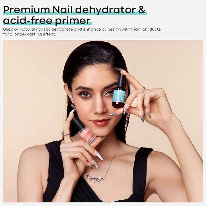 modelones 15 ml Nail Dehydrator and Primer, Acid Free Base Coat Natural Prep Dehydrate & Bond Primer Kit, Hema-Free Acrylic Nail Supplies