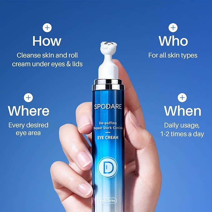 SPODARE Caffeine Eye Cream, Under Eye Cream for Dark Circles, Puffiness & Puffy Bags, Wrinkles Fine Lines, Eye Roller Serum with 360° Massage Ball for Women and Men - 0.7 fl. oz
