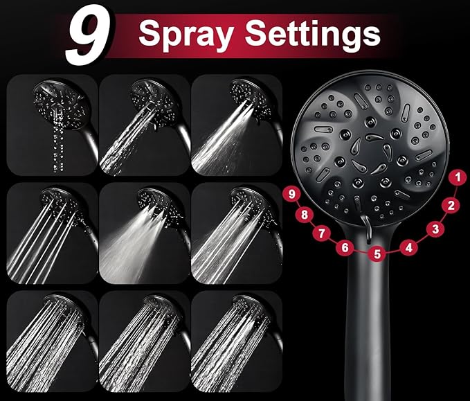 GRICH 2.5GPM Shower Head with Hand: 2 in 1 High Pressure Shower Heads With Handheld Spray Combo & Rain Shower Head, 9 Spray Modes Anti-Leak Waterfall Showerhead, Angle Adjustable, Matte Black