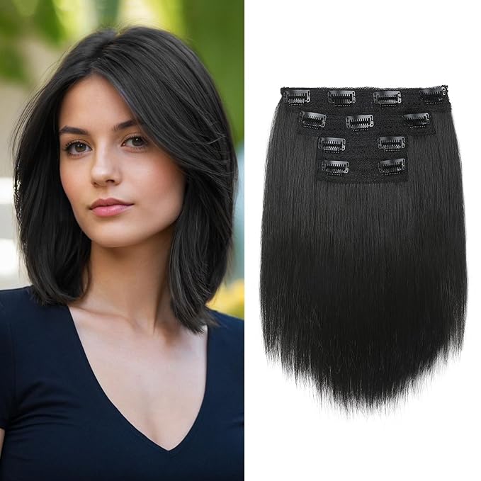 Hair Extensions, 10" Short Clip in Hair Extensions 4PCS Straight Natural Soft Synthetic Hairpiece for Women- Black