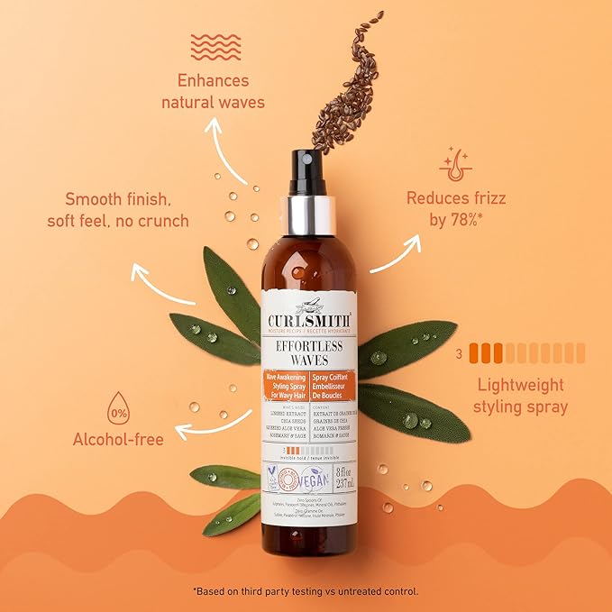 CURLSMITH - Effortless Waves Styling Spray, Lightweight and Moisturising, Reduce Frizz, Natural Look, For Wavy and Curly Hair, Vegan (8oz)
