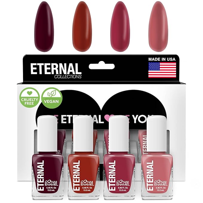 Eternal Red Nail Polish Set for Women (ROCK & ROSE) - Pink Nail Polish Set for Girls - Long Lasting & Quick Dry Fingernail Polish Kit for Home DIY Manicure & Pedicure - Made in USA, 13.5mL (Set of 4)