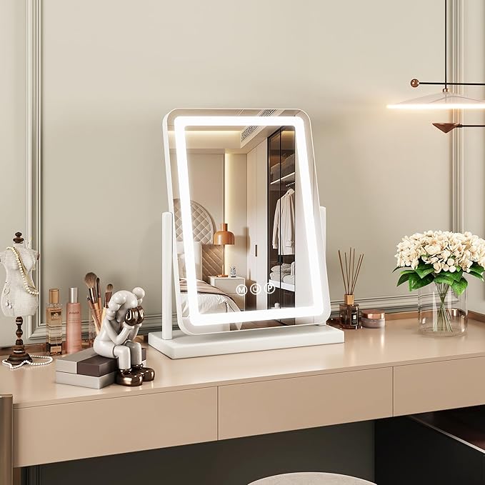Vanity Mirror with Lights, 18"x14" Hollywood Lighted Makeup Mirror for Tabletop & Bedroom 3 Color Lighting Modes Smart Touch Control 360° Rotation Detachable
