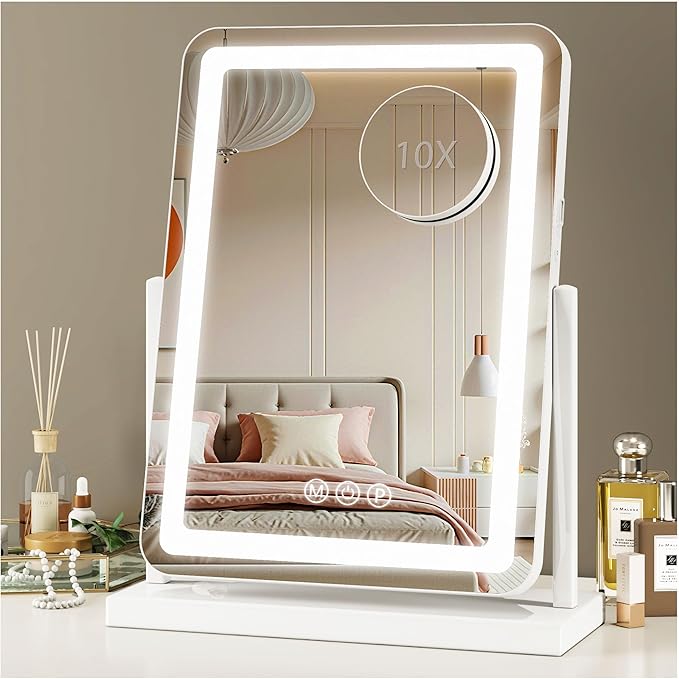 Vanity Mirror with Lights, 18"x14" Hollywood Lighted Makeup Mirror for Tabletop & Bedroom 3 Color Lighting Modes Smart Touch Control 360° Rotation Detachable
