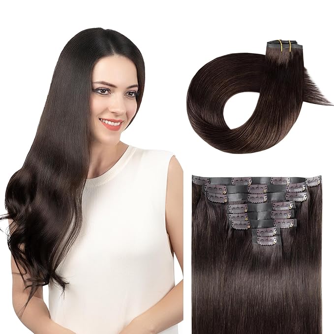 Clip in Hair Extensions Real Human Hair Dark Brown Seamless Clip In 100% Remy Hair Extensions PU Skin Weft Add Volume Thick&Invisible #2 20Inch 120G 8PCS
