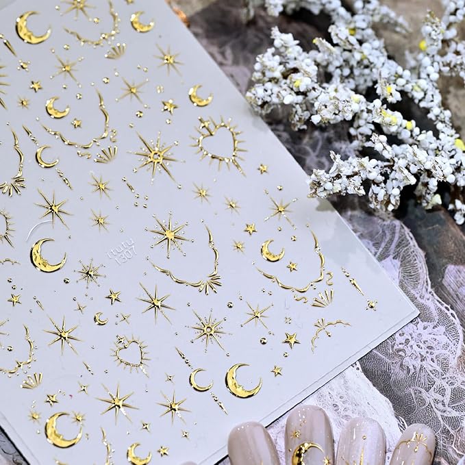 Gold 5D Embossed Nail Stickers Star Nail Stickers for Nail Art with Moon Heart Design Nail Art Stickers Self-Adhesive Gold Nail Decals for Women Manicure Supplies