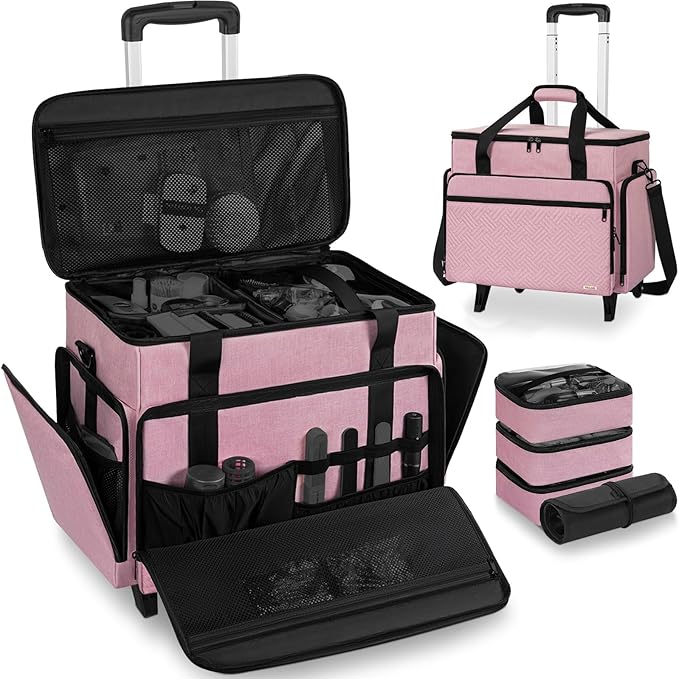 FREEAMG Extra Large Rolling Makeup Case with 4 Removable Pouches，Professional Make up Train Case with Wheels,Travel Cosmetic Bag for Hairstylists Nail Tech Makeup Artist with Detachable Trolley