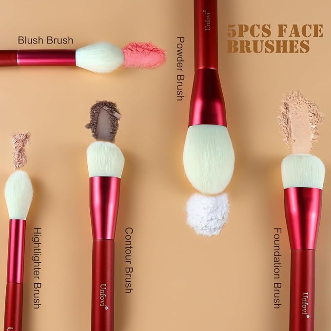 Unfovi 14-Piece Daily Makeup Brush Set - Essential Cosmetic Brushes Kit for Foundation, Concealer, Eyeshadow & Powder Blush, Professional Face Blending Brushes Kit for Women(Red)